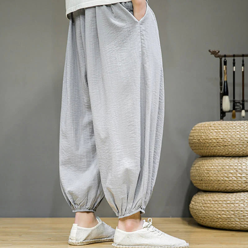 Buddha Stones Summer Plain Drawstring Men's Ankle-Length Cotton Harem Pants With Pockets