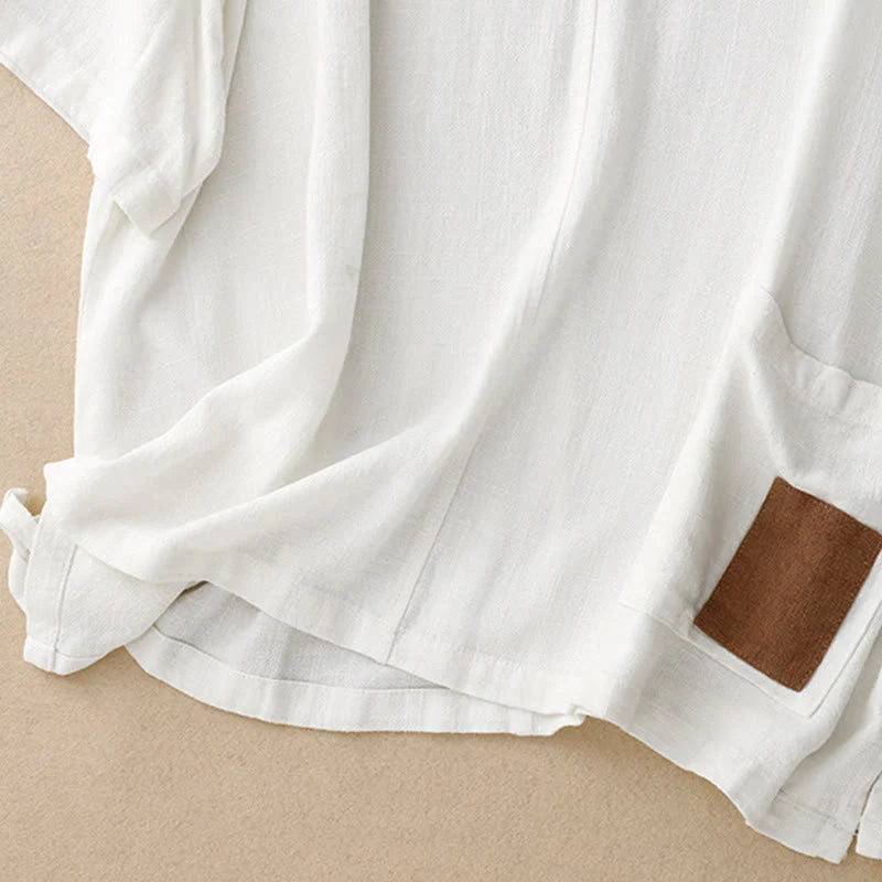 Buddha Stones Colorblock Side Slit  Frog-Button Cotton Linen Half Sleeve Women's Shirt With Pockets
