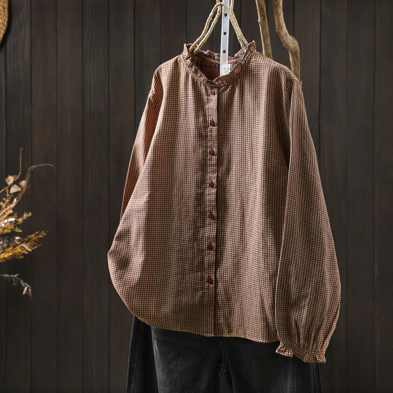 Buddha Stones Fall Tiny Plaid Button Down Ruffle Collar Long Sleeve Women's Cotton Shirt