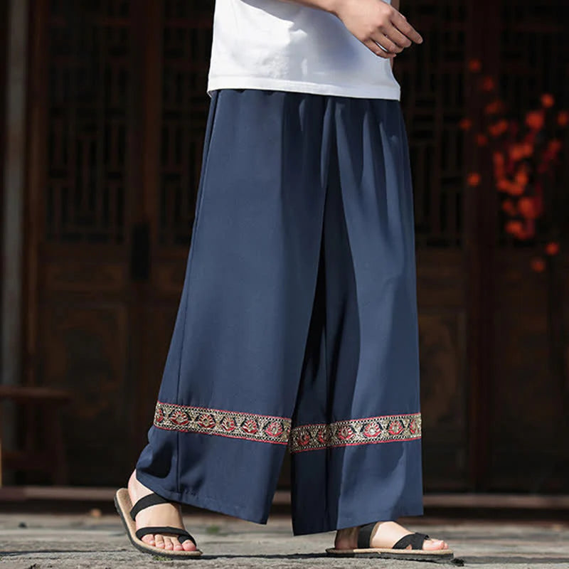 Buddha Stones Summer Cotton Embroidered Hem Elastic Waist Men's Cropped Wide Leg Pants With Pockets