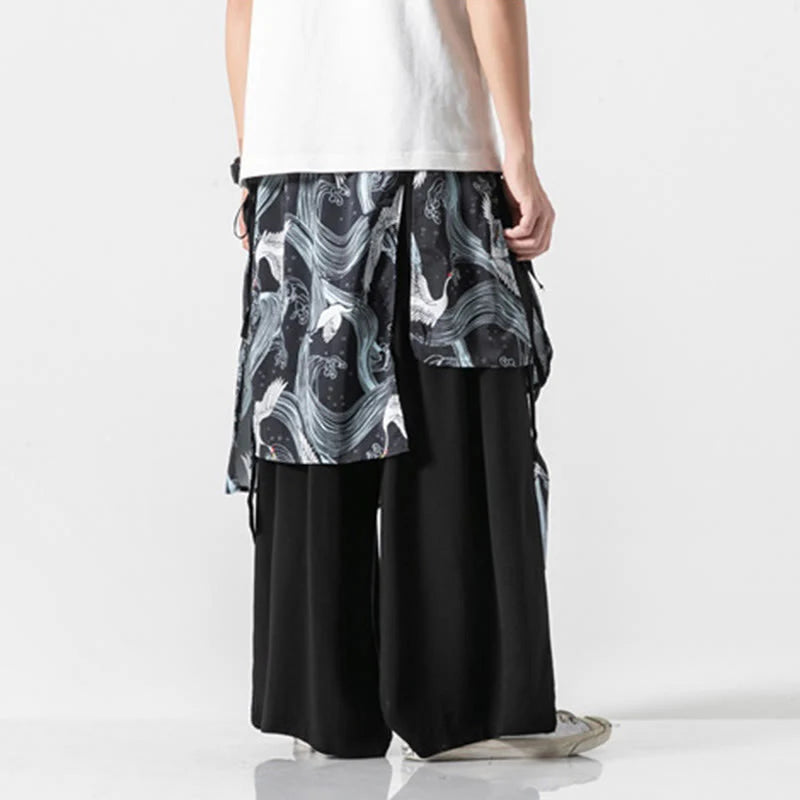 Buddha Stones Summer Flying Crane Design Cotton Men's Wide Leg Pants With Pockets