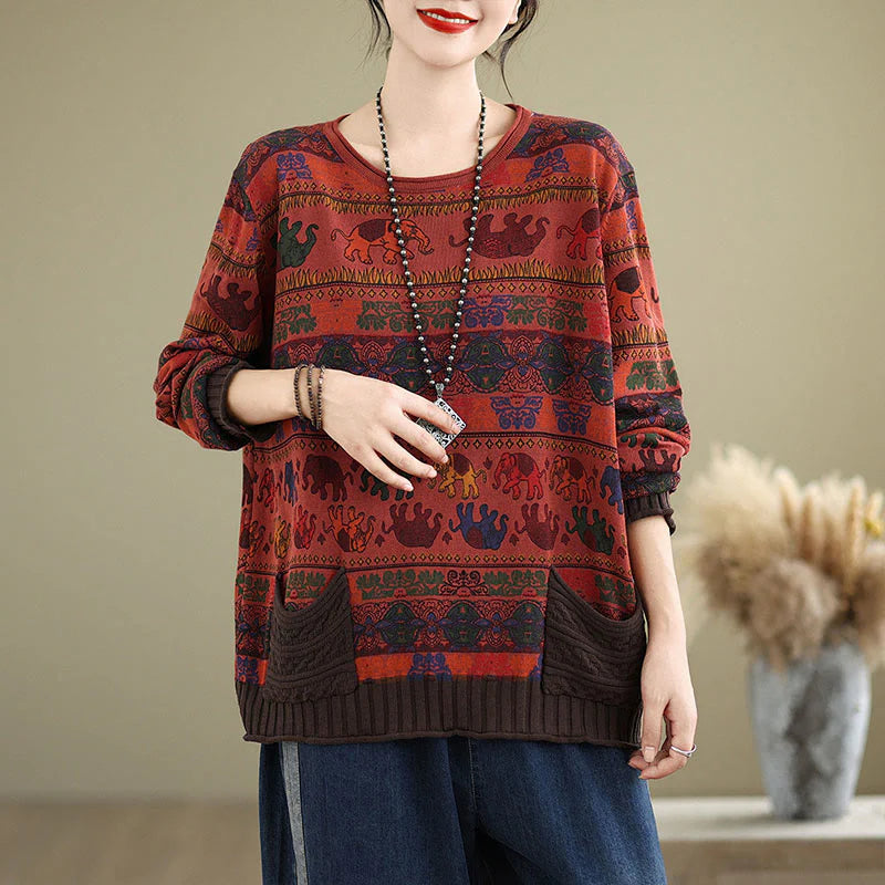 Buddha Stones Fall Elephant Pattern Knitted Cotton Women's Long Sleeve Sweater With Pockets