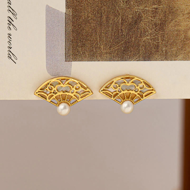 Buddha Stones 925 Sterling Silver Posts Fan Pattern Pearl Copper Wisdom Stud Drop Earrings