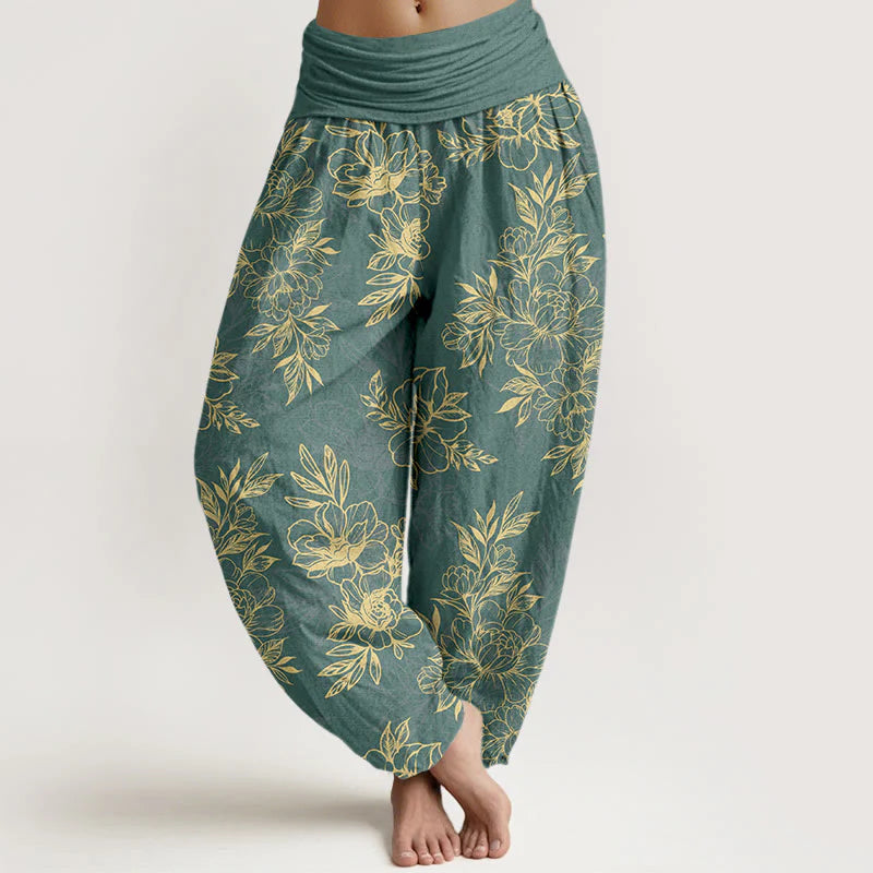 Buddha Stones Cotton Complicated Flowers Leaves Pattern Women's Elastic Waist Harem Pants