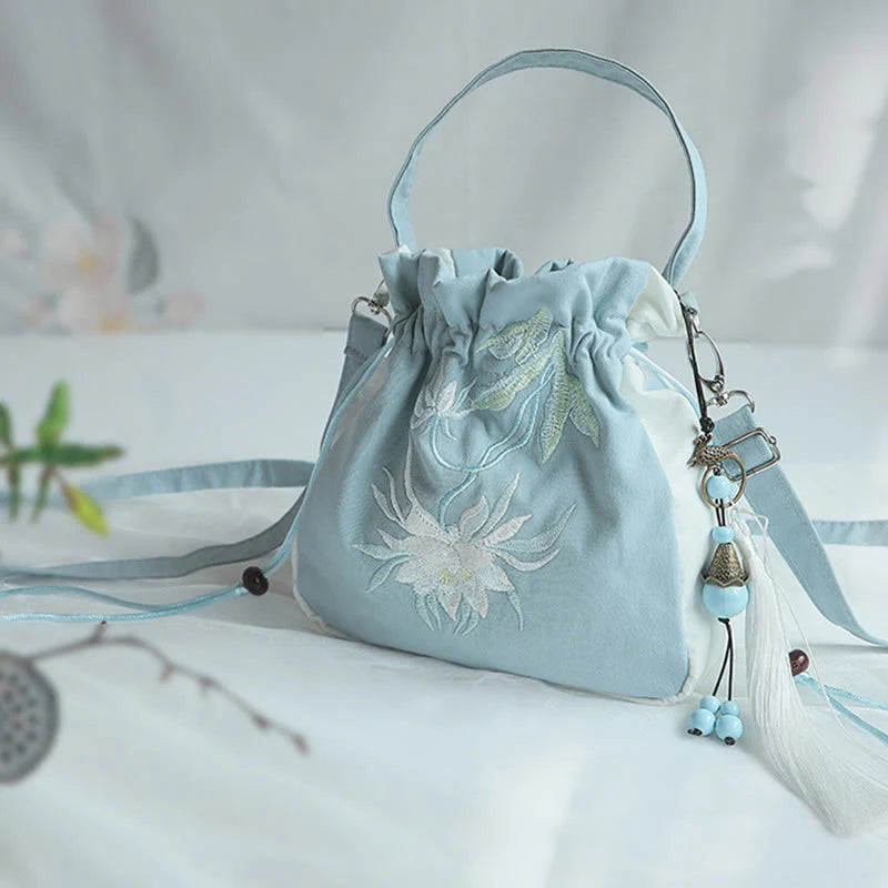 Buddha Stones Handmade Embroidered Flowers Canvas Tote Shoulder Bag Handbag