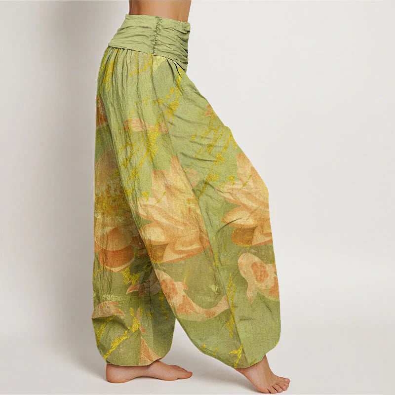 Buddha Stones Cotton Casual Lotus Flower Koi Fish Pattern Women's Harem Pants