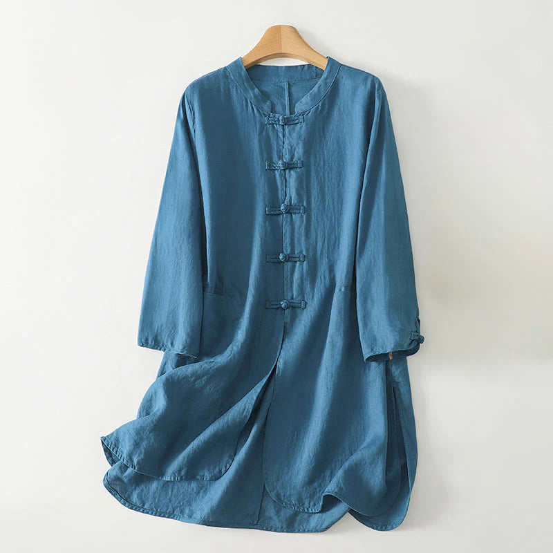 Buddha Stones Fall Solid Color Frog-Button Stand Collar Three Quarter Sleeve Mid-length Women's Cotton Shirt
