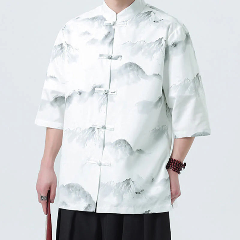 Buddha Stones Printing Chinese Ink Landscape Pattern Men's Frog-button Half Sleeve Shirts