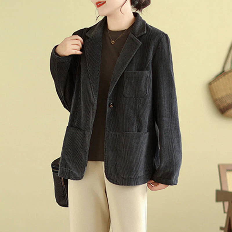 Buddha Stones Retro Plain Women's Long Sleeve Corduroy Jacket With Pockets
