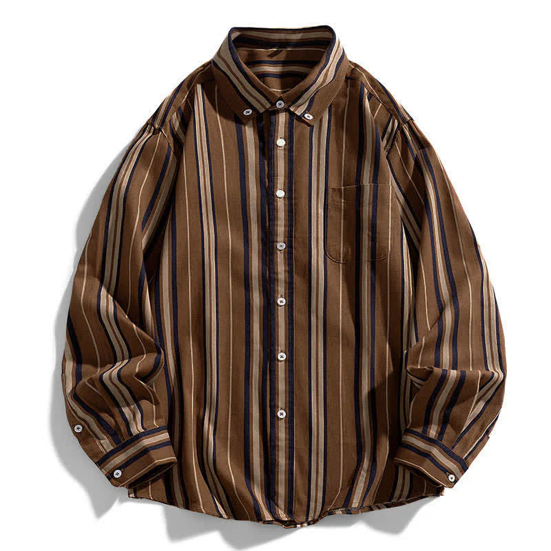 Buddha Stones Retro Color Blocked Stripes Long Sleeve Button Men's Cotton Shirts With Pocket