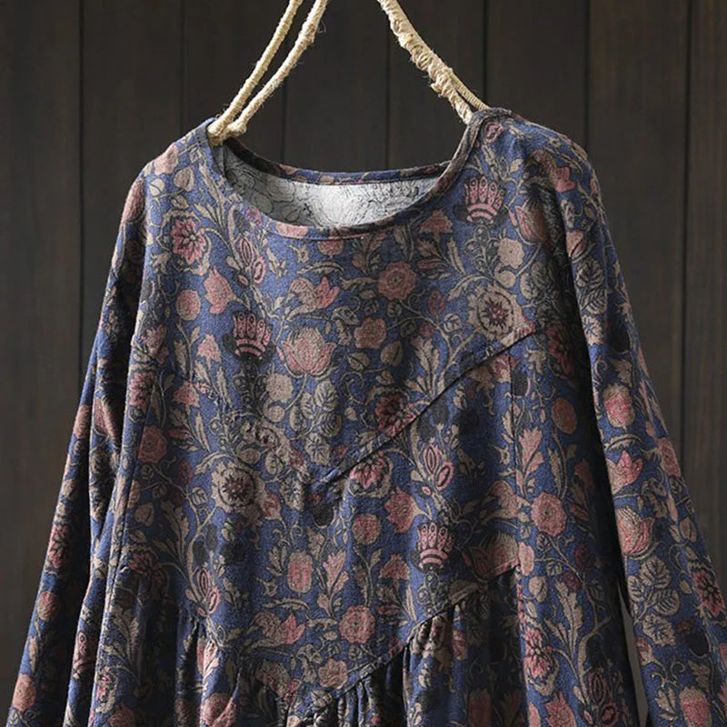 Buddha Stones Retro Floral Pattern A-line Design Long Sleeve Women's Cotton Maxi Dress