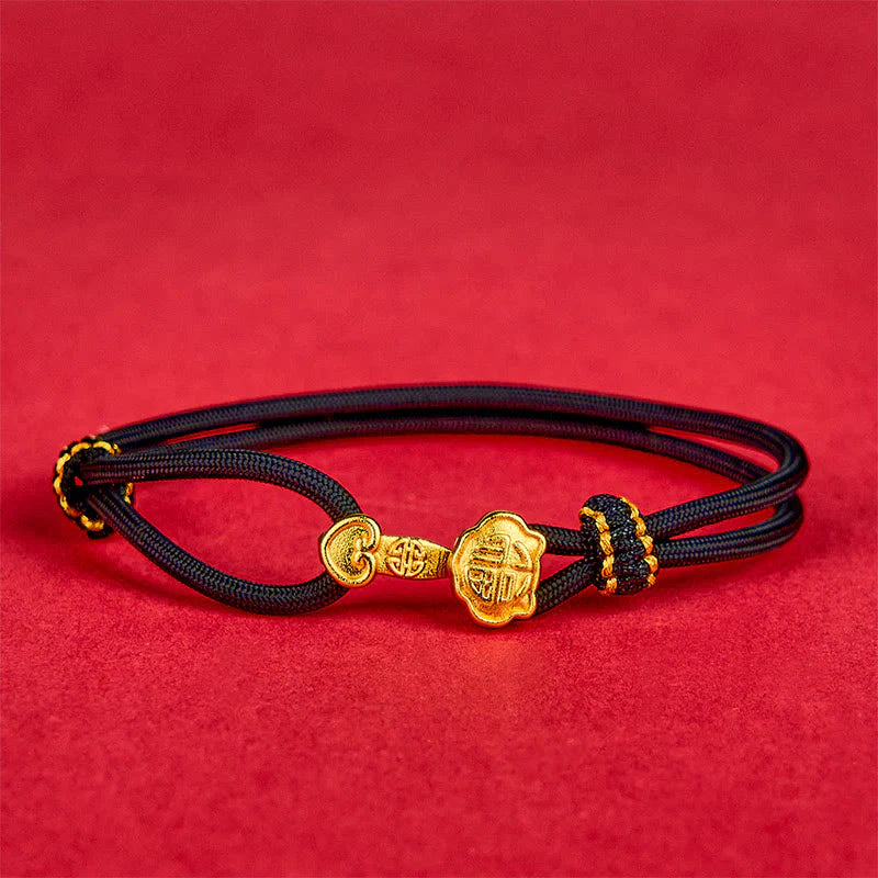 Buddha Stones Ruyi Handle Fu Character Copper Plated Gold Rope Adjustable Luck Bracelet