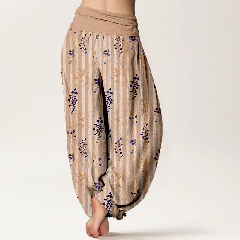 Buddha Stones Cotton Softly Colored Leaf Striped Pattern Women's Elastic Waist Harem Pants