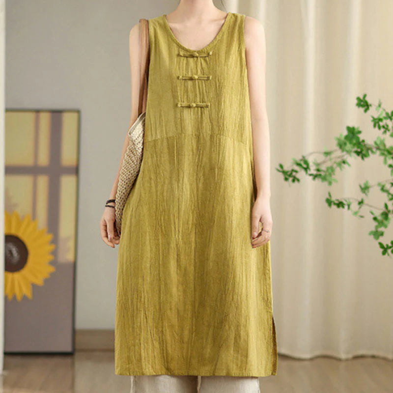 Buddha Stones Tie Dye Chinese Frog-Button RamieÂ Linen Sleeveless Midi Dress With Pockets