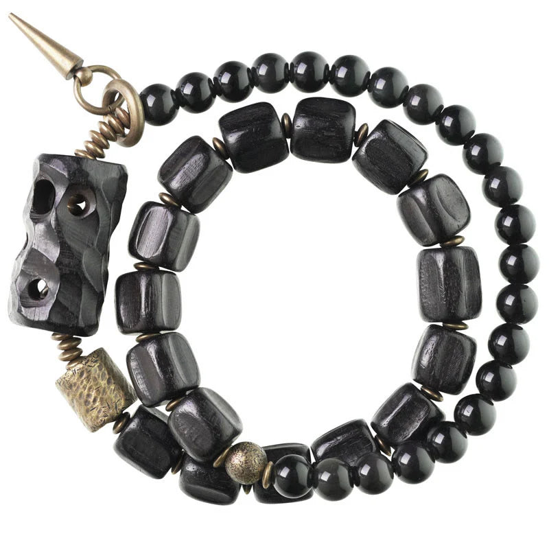 Buddha Stones Ebony Wood Black Obsidian Copper Brass Peace Double Wrap Bracelet