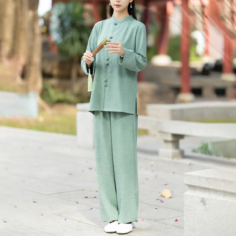 Buddha Stones 2Pcs Chinese Frog-Button Long Sleeve Shirt Top Pants Meditation Zen Tai Chi Cotton Clothing Women's Set