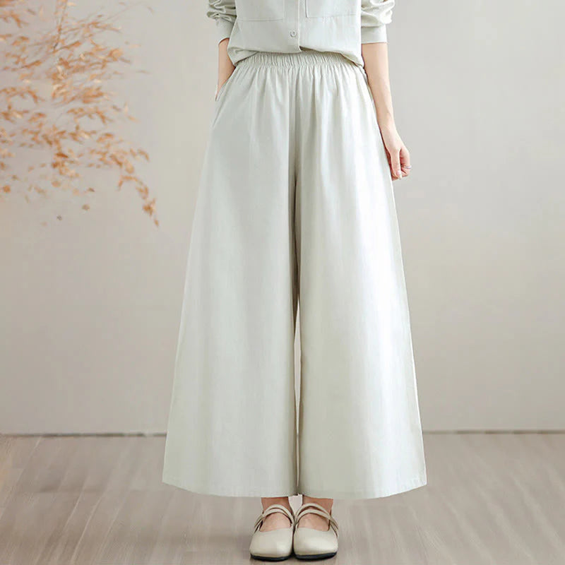 Buddha Stones 2Pcs Fall Solid Color Cotton Buttons Down Long Sleeve Shirt Ankle-Length Wide Leg Pants Women's Set With Pockets