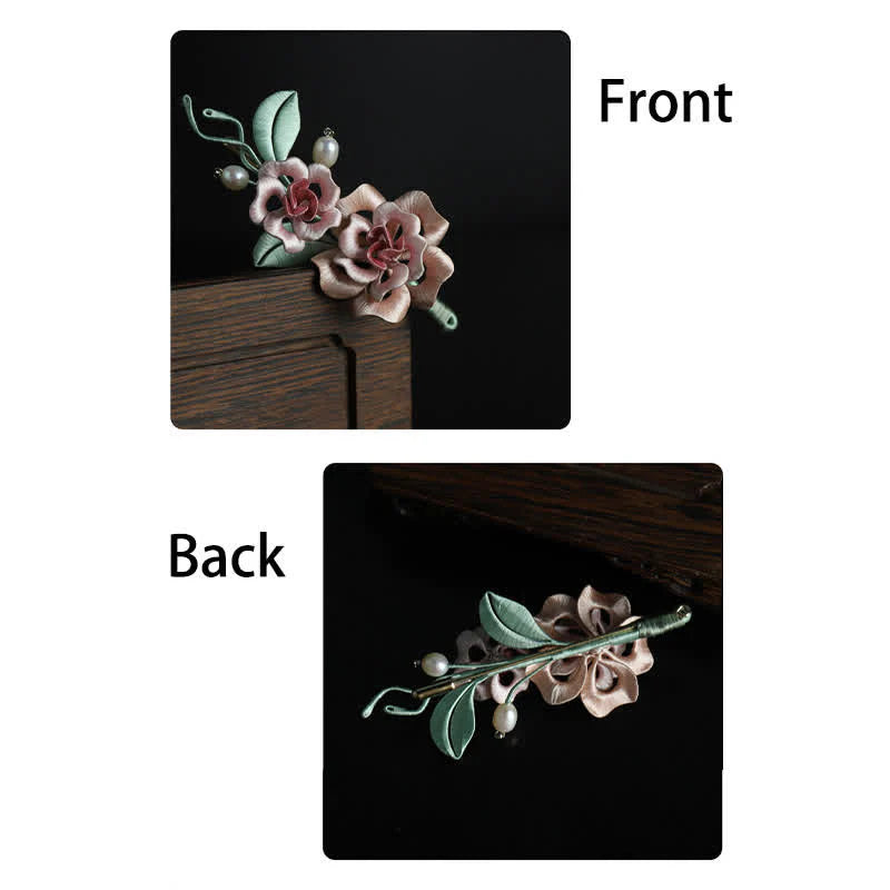 Buddha Stones Handcrafted Silk Art Twin Rose Flower Blessing Harmony Brooch