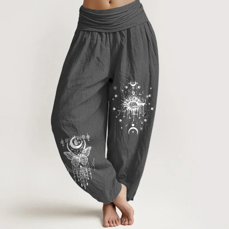 Buddha Stones Pure Cotton Minimalist Design Eye Moon Butterfly Pattern Women's Elastic Waist Harem Pants