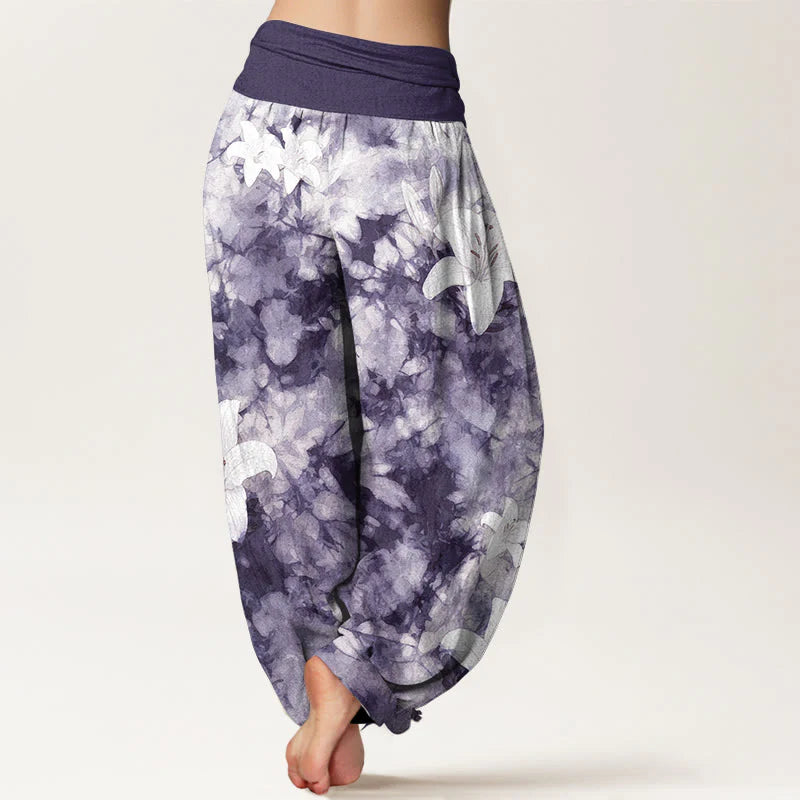 Buddha Stones Pure Cotton Watercolor Style Lily Pattern Women's Elastic Waist Harem Pants