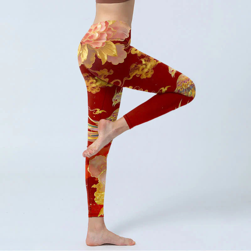 Buddha Stones Gorgeous Phoenix Peony Cloud Pattern Print Gym Leggings Women's Yoga Pants