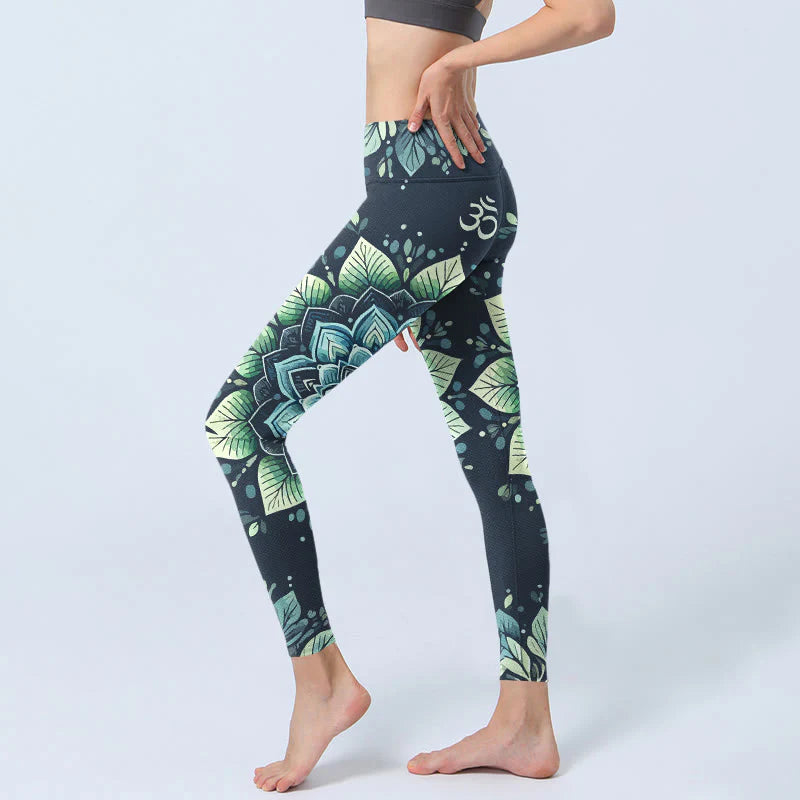 Buddha Stones Symmetrical Om Symbol Flower Pattern Print Gym Leggings Women's Yoga Pants