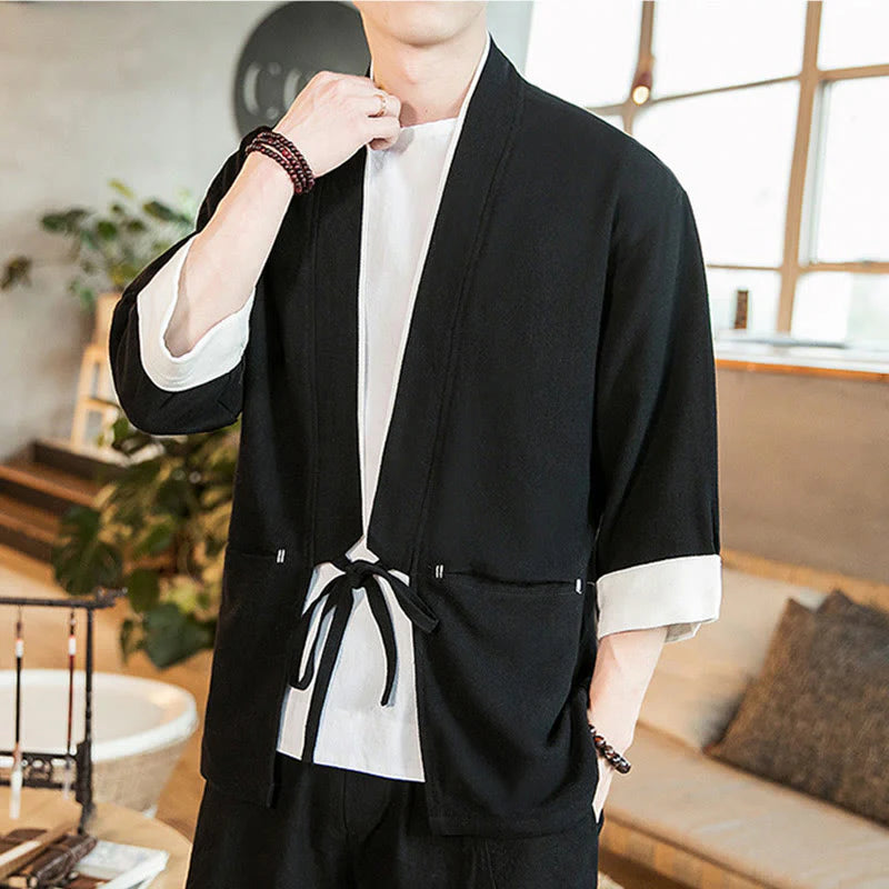 Buddha Stones Lace-Up Design Jacket Cotton Linen Men's Three Quarter Sleeve Kimono With Pockets