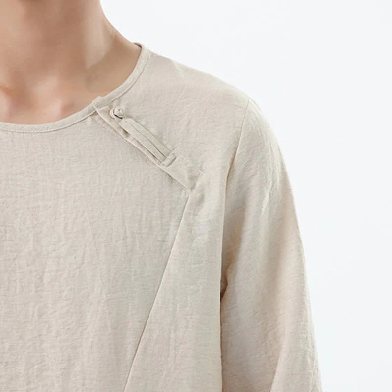 Buddha Stones Men's Long Sleeve Round Collar Comfort Cotton Linen Shirt