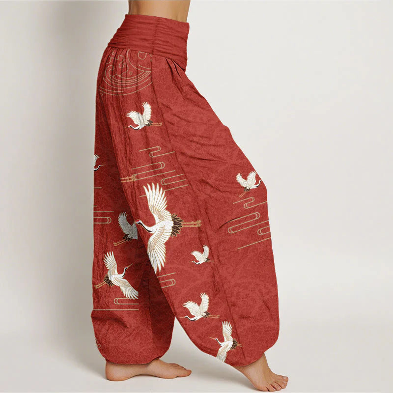 Buddha Stones Print Cranes Wave Pattern Women's Elastic Waist Harem Pure Cotton Pants