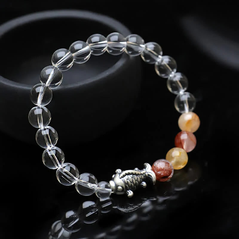 Buddha Stones Clear Quartz 999 Sterling Silver Koi Fish Protection Bracelet