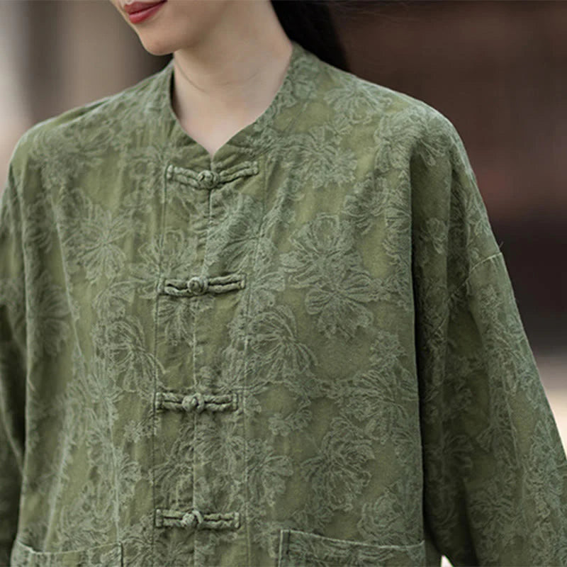 Buddha Stones Fall Jacquard Women's Frog-Button Long Sleeve Shirt Pants Cotton Linen Clothing
