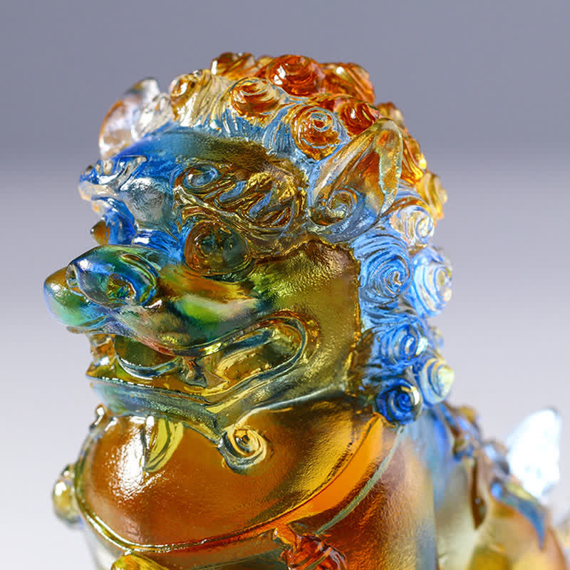 Buddha Stones Handmade Liuli Crystal Lion Art Piece Strength Home Office Decoration