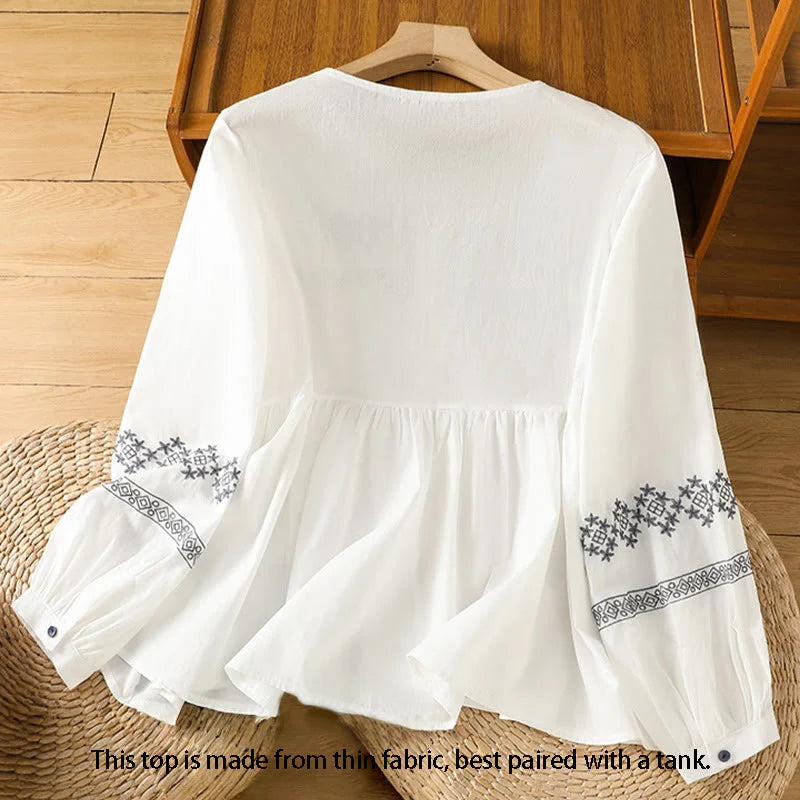 Buddha Stones Embroidery Pleated Buttons Long Lantern Sleeve Women's Cotton Shirt