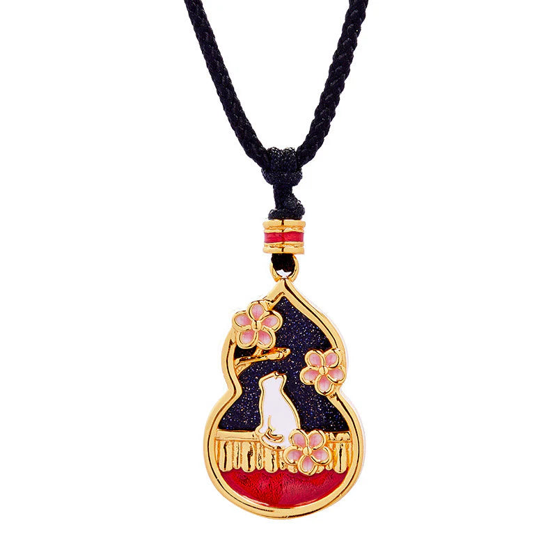 Buddha Stones 925 Sterling Silver Peach Blossom Cat Gourd Pattern Protection Necklace Pendant