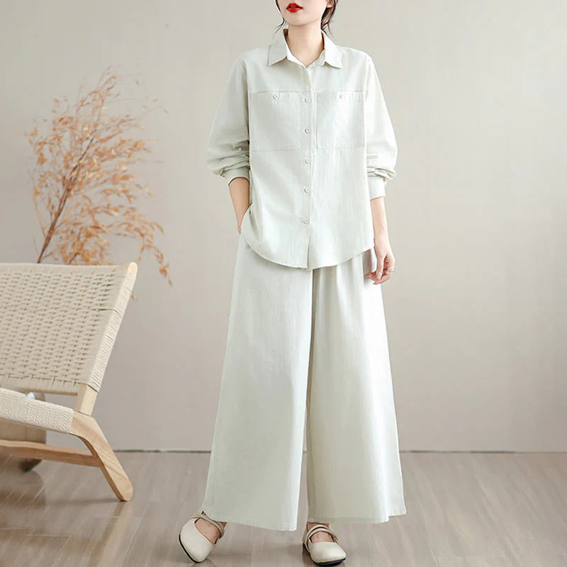 Buddha Stones 2Pcs Fall Solid Color Cotton Buttons Down Long Sleeve Shirt Ankle-Length Wide Leg Pants Women's Set With Pockets
