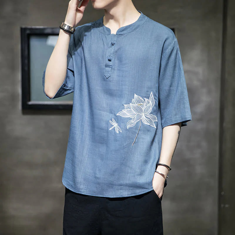 Buddha Stones Summer Embroidered Lotus Dragonfly Pattern Chinese Frog-Button Men's Short Sleeve T-shirt