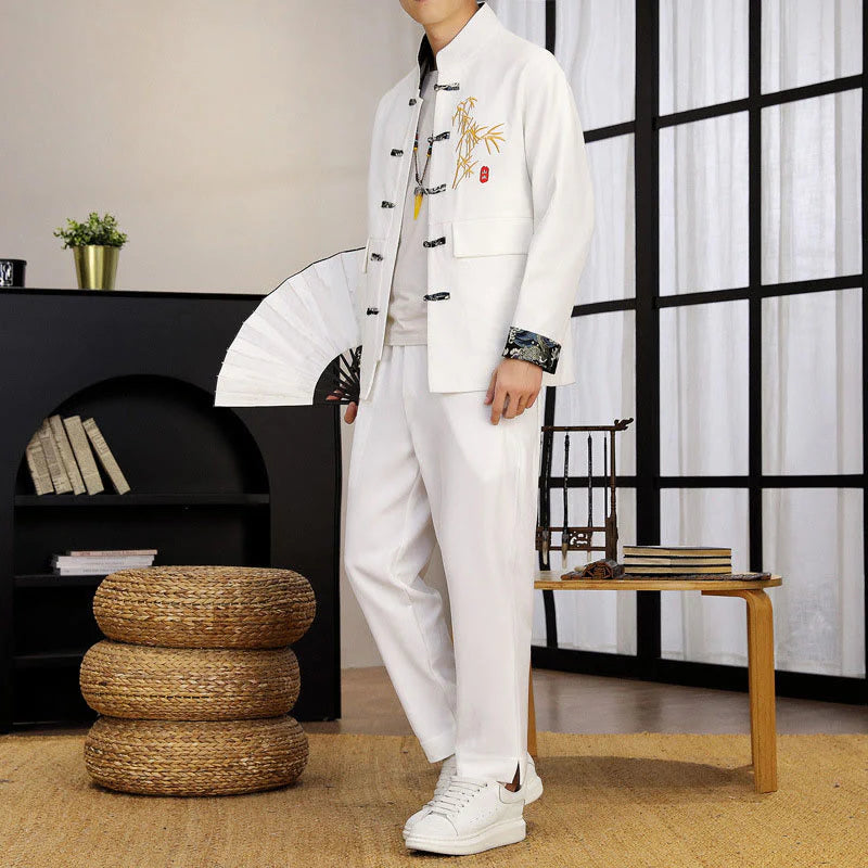 Buddha Stones 2Pcs Tang Suit Bamboo Frog-Button Men's Long Sleeve Shirt Pants Clothing Set