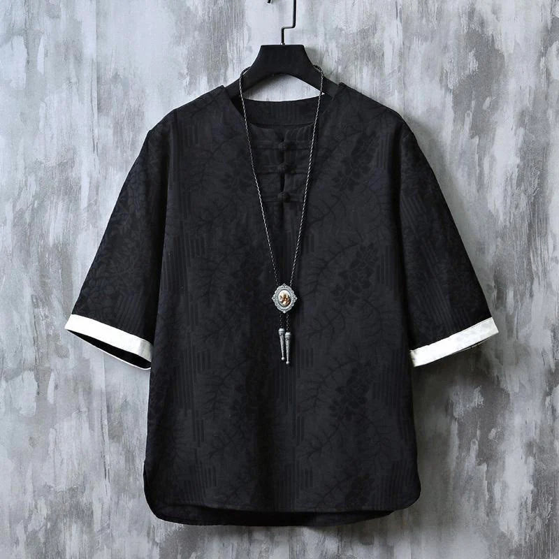 Buddha Stones Summer Floral Pattern Frog-Button Half Sleeve Cotton Men's Shirt