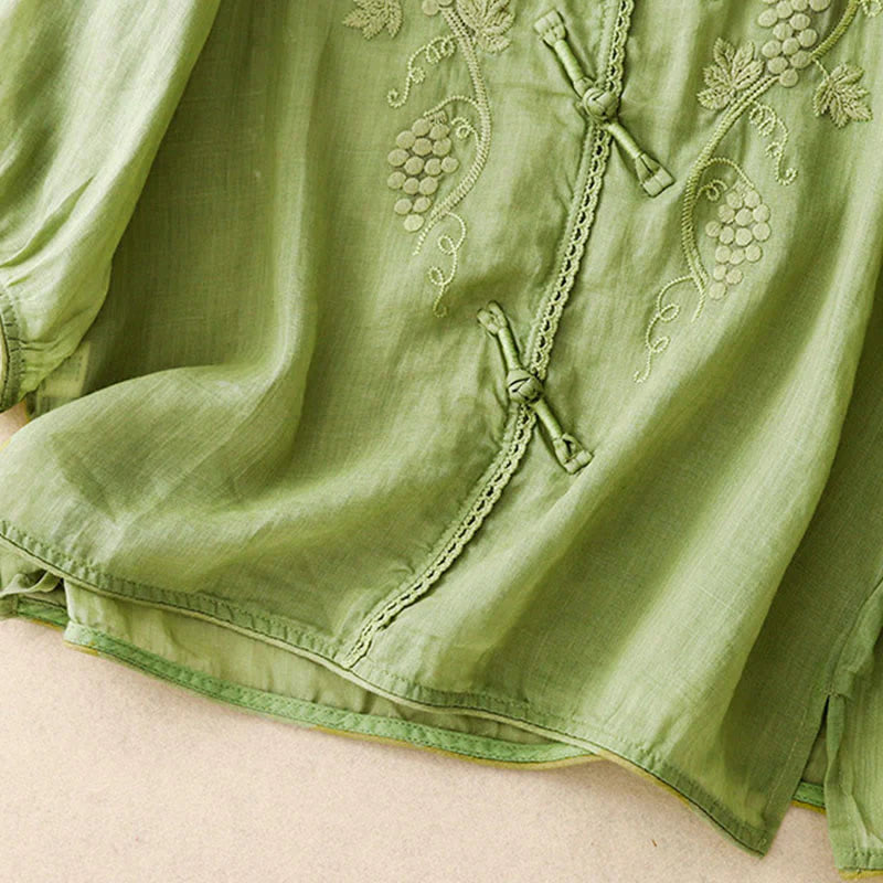 Buddha Stones Embroidered Grapes Pattern Lace Design Frog-Button Three Quarter Sleeve Women's Cotton Shirt