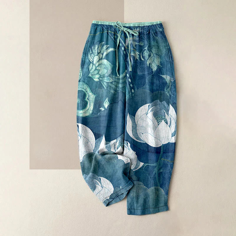 Buddha Stones Cotton Casual White Lotus Leaves Pattern Women's Elastic Waist Pants With Pockets
