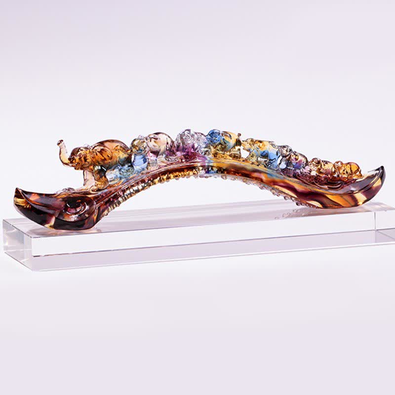 Buddha Stones Handmade Liuli Crystal Ruyi Elephant Art Piece Home Decoration With Crystal Base