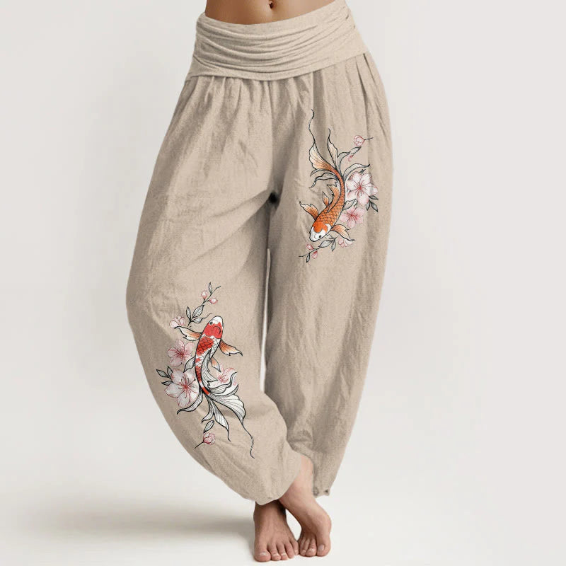 Buddha Stones Cotton Koi Fish Pink Peach Blossoms Pattern Women's Elastic Waist Harem Pants
