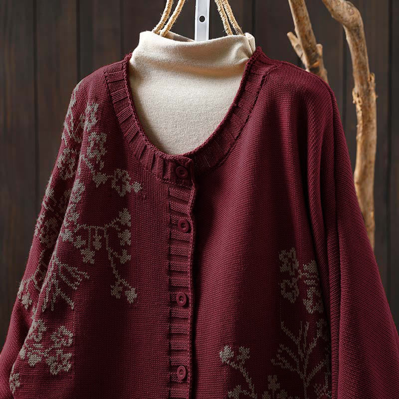 Buddha Stones Floral Buttons Cotton Women's Long Batwing Sleeve Knitted Cardigan