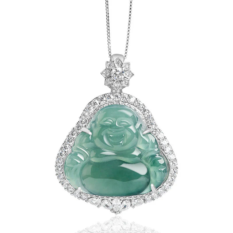 Buddha Stones Laughing Buddha Natural Jade Luck Abundance Titanium Steel Chain Necklace Pendant