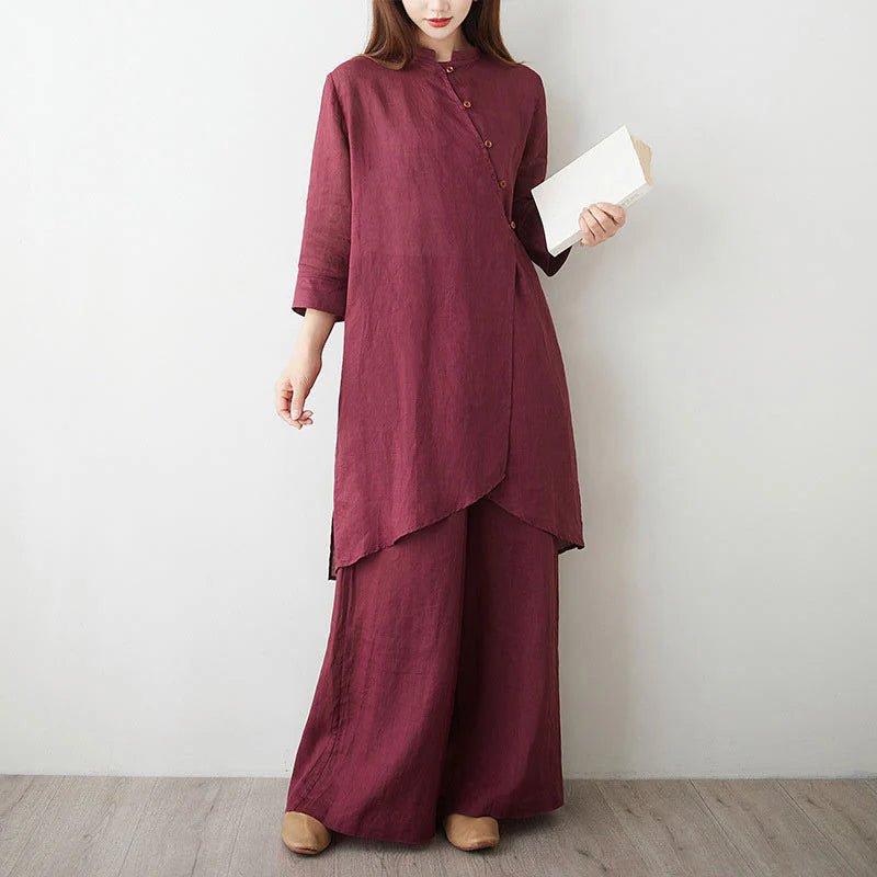 Buddha Stones Casual 2pcs Plain Three Quarter Sleeve Slanted Collar Shirt Top Wide Leg Pants With Pockets Meditation Zen Tai Chi Clothing Women's Set