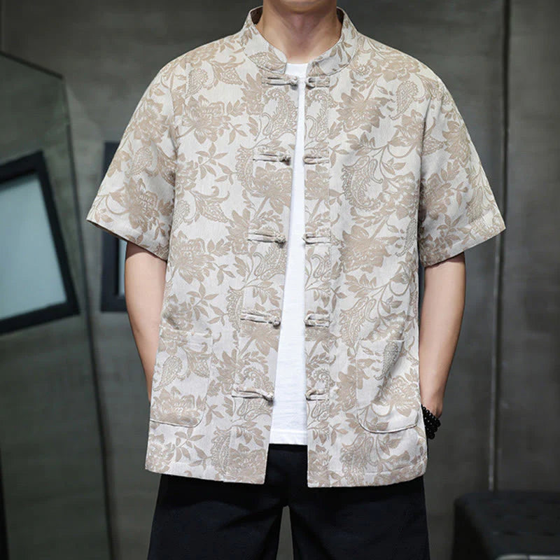Buddha Stones Casual Jacquard Paisley Flower Plant Pattern Frog-Button Design Men's Cotton Shirt Cardigan With Pockets