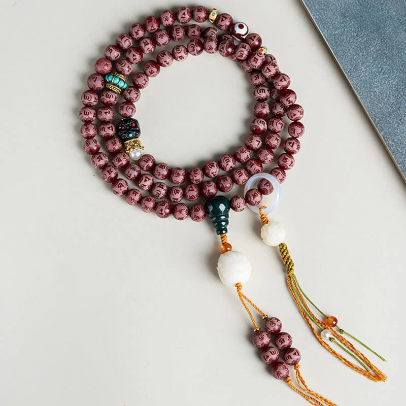 Buddha Stones Red Bodhi Seed Om Mani Padme Hum Lotus Engraved Harmony Bracelet (Extra 30% Off | USE CODE: FS30)