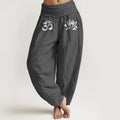 Buddha Stones Solid Color Pure Cotton Lotus Om Symbol Pattern Women's Elastic Waist Harem Pants