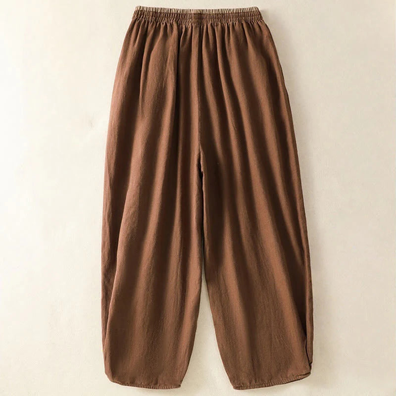 Buddha Stones Casual Embroidery Women's Cotton Linen 7-8 Length Harem Pants With Pockets