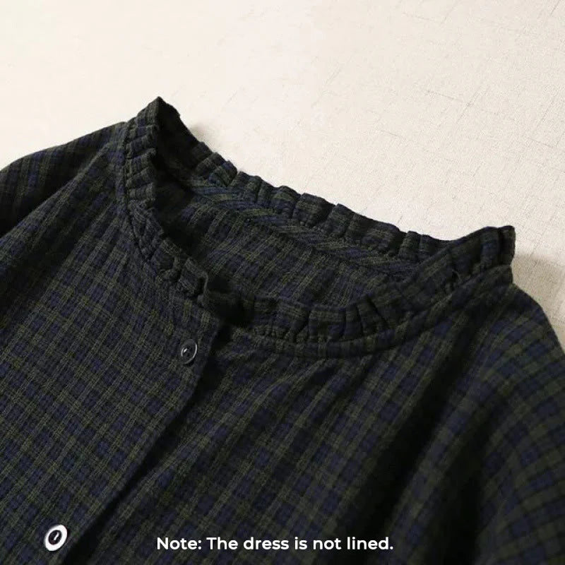 Buddha Stones Long Sleeve Plaid Simple Buttons Ruffled Design Midi Dress With Pockets